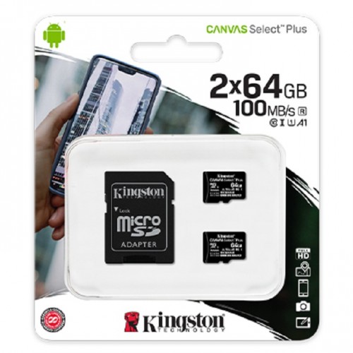 Kingston SDCS2/64GB-2P1A Canvas Select Plus microSD Memory Card With SD Adapter (2-Pack)