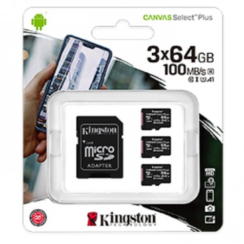 Kingston SDCS2/64GB-3P1A Canvas Select Plus microSD Memory Card With SD Adapter (3-Pack)