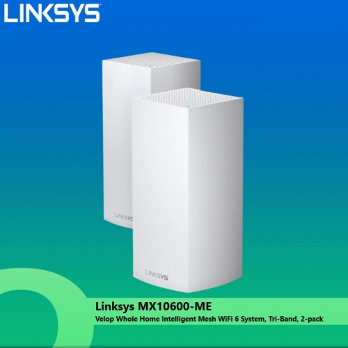 Linksys Velop Whole Home Intelligent Mesh WiFi 6 (AX5300) System, Tri-Band, 2-pack MX10600-ME