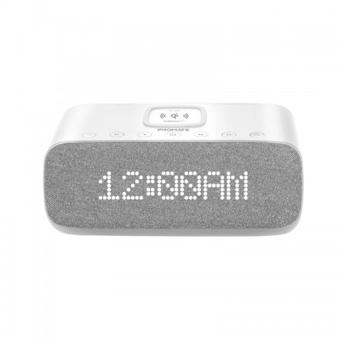 Promate Evoke Wireless Speaker with Alarm Clock • Universal Wireless Charger, white