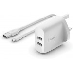 BELKIN WALL CHARGER DUAL PORT 4.8Amp 2x12W WITH 1M mUSB CABLE, WHITE