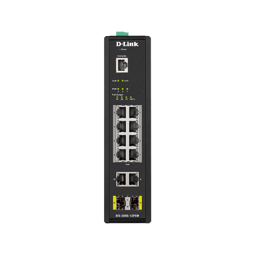 D-Link (DIS-200G-12PSW) 12-Port Gigabit Smart Managed Industrial PoE Switch-Wide Temp-240W PoE Budget