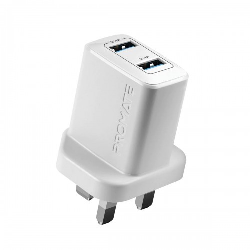 Promate BiPlug 2.4A Wall Charger with Dual USB Ports ,white