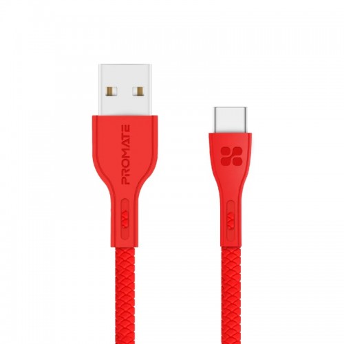 Promate PowerBeam‐C Durable 2A Ultra-Fast Charging Cable with High-Speed Data Transfer - RED