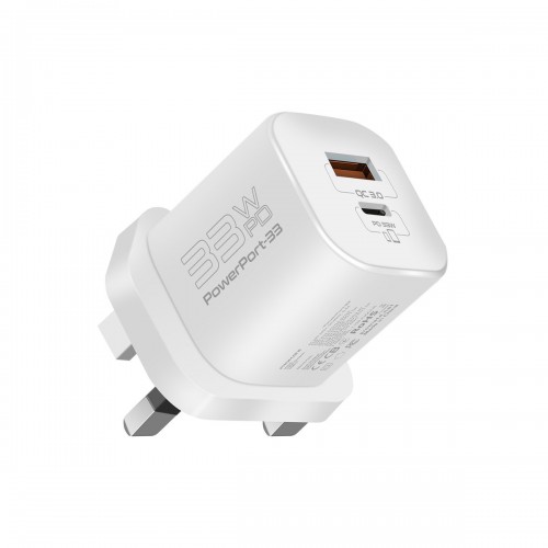 محول الشحن بروميت PowerPort-33 بقدرة 33 واط GaNFast™، أبيض
