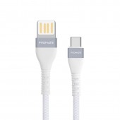 Promate VigoRay‐C 2A Type-C™ Cable with 1.2m Tangle Free Cord and Long Bend Lifespan, White