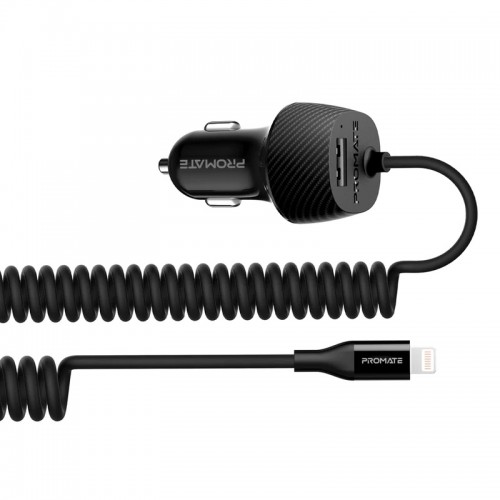 Promate VolTrip‐i car charger with a built-in Lightning cable and USB charging port