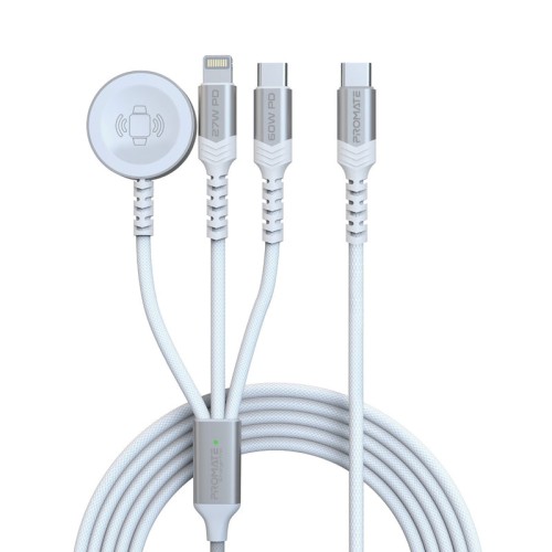Promate iCharge-Trio 5-in-1 Multi-Connector Cable for Charging & Data Transfer with Apple Watch Charger - White