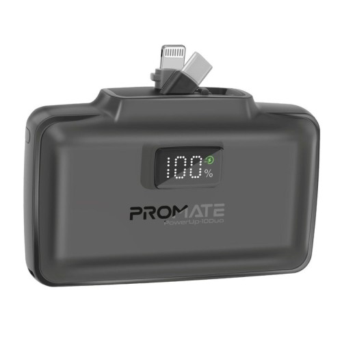 Promate PowerUp-10Duo Ultra-Compact Fast Charging Power Bank with Dual folding USB-C and Lightning Connectors - Black