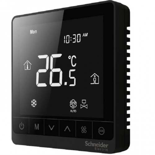 Thermostat Schneider Electric TC907-3A2LB, logique spatiale, ventilo-convecteur marche/arrêt, autonome, écran tactile 2P, 3 ventilateurs, 240 V - Noir